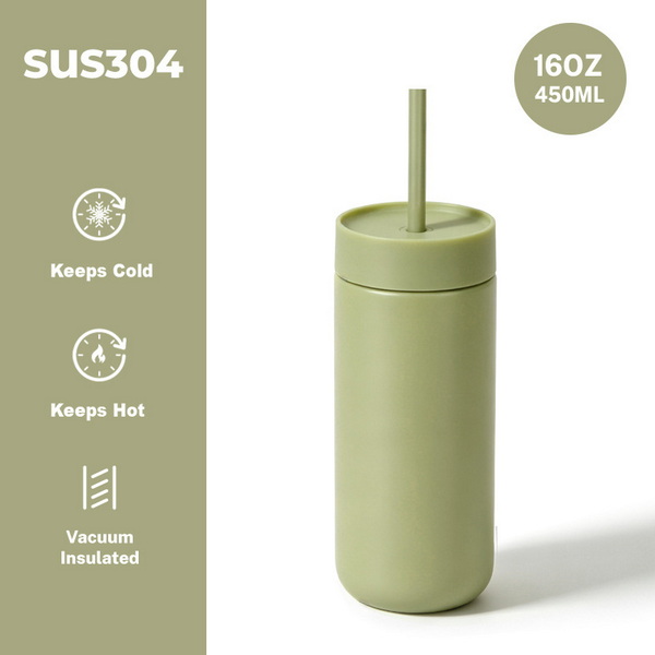 แก้วเก็บอุณหภูมิสีเขียวอะโวคาโด 450ml พร้อมหลอด สำหรับใช้งานในชีวิตประจำวัน
