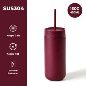 Vacuum Tumbler สีเบอร์กันดี 450ml 16oz พร้อมฝาและหลอดดีไซน์เรียบหรู