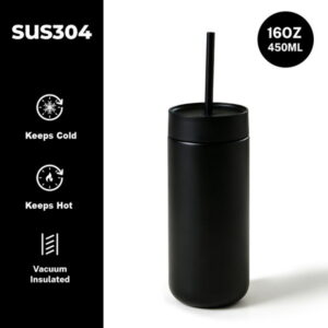 แก้วเก็บอุณหภูมิสีดำด้าน 450ml พร้อมหลอด เหมาะสำหรับของพรีเมียมองค์กร
