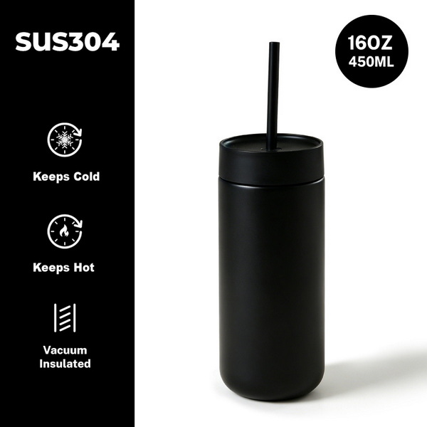 แก้วเก็บอุณหภูมิสีดำด้าน 450ml พร้อมหลอด เหมาะสำหรับของพรีเมียมองค์กร