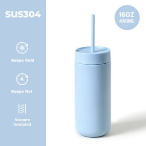 Tumbler สีฟ้าพาสเทล 450ml พร้อมระบบสุญญากาศและหลอดสำหรับเครื่องดื่ม