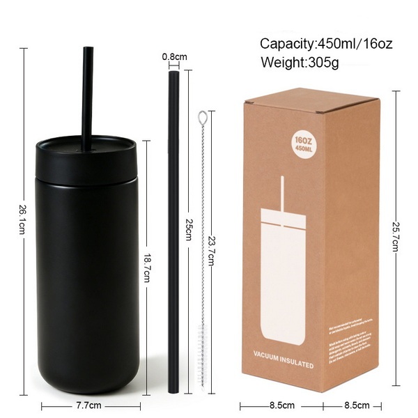 Tumbler 450ml 16oz พร้อมหลอด ขนาดสินค้าและกล่องบรรจุภัณฑ์สำหรับงานพรีเมียม