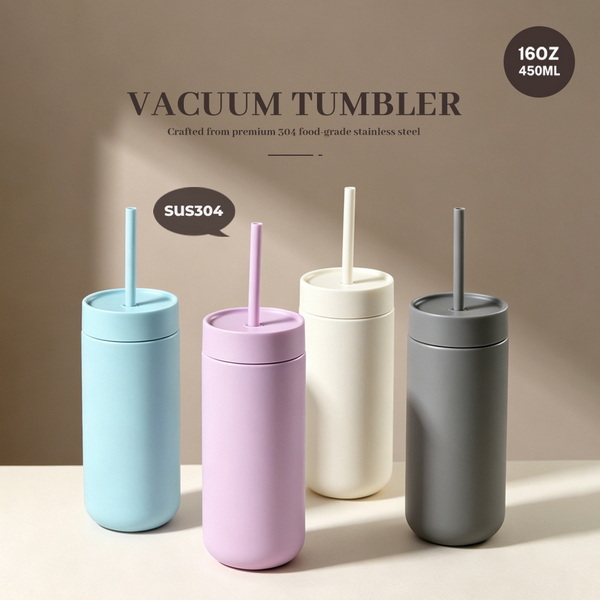 กระบอกน้ำเก็บอุณหภูมิ Vacuum Tumbler 450ml 16oz พร้อมหลอด สีพาสเทลหลายสี