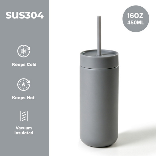 แก้ว Vacuum Insulated Tumbler ขนาด 16oz พร้อมหลอดสำหรับเครื่องดื่มร้อนและเย็น