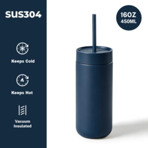 กระบอกน้ำเก็บความเย็นและความร้อน 450ml วัสดุสแตนเลสด้านใน พร้อมหลอด