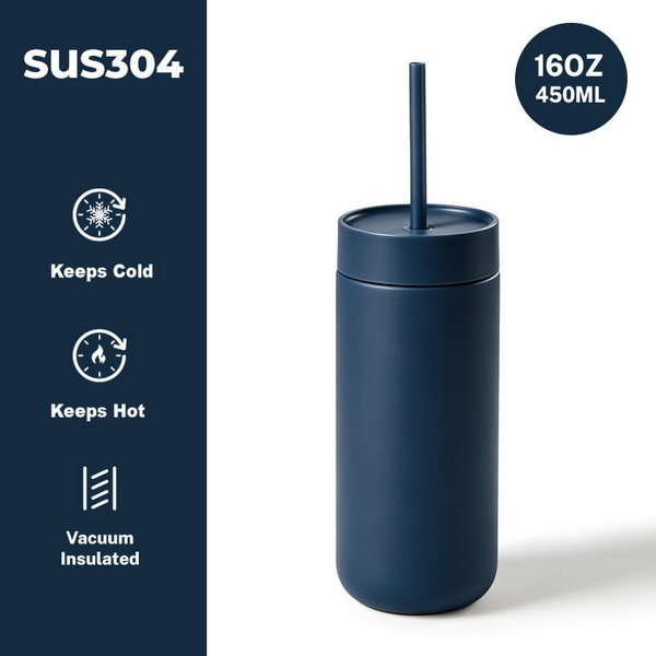 กระบอกน้ำเก็บความเย็นและความร้อน 450ml วัสดุสแตนเลสด้านใน พร้อมหลอด