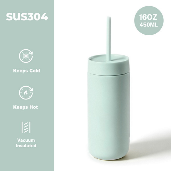Tumbler สีmint 450ml พร้อมหลอด เก็บอุณหภูมิเครื่องดื่มร้อนและเย็น