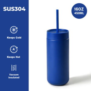 แก้วสูญญากาศสีน้ำเงิน 16oz พร้อมหลอด สำหรับใช้ในสำนักงาน รถยนต์ และการเดินทาง
