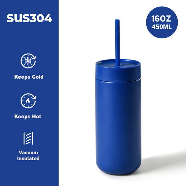 แก้วสูญญากาศสีน้ำเงิน 16oz พร้อมหลอด สำหรับใช้ในสำนักงาน รถยนต์ และการเดินทาง