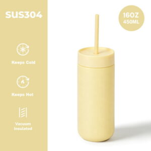 Tumbler สีเหลืองพาสเทล 450ml พร้อมระบบสุญญากาศและหลอดสำหรับเครื่องดื่ม